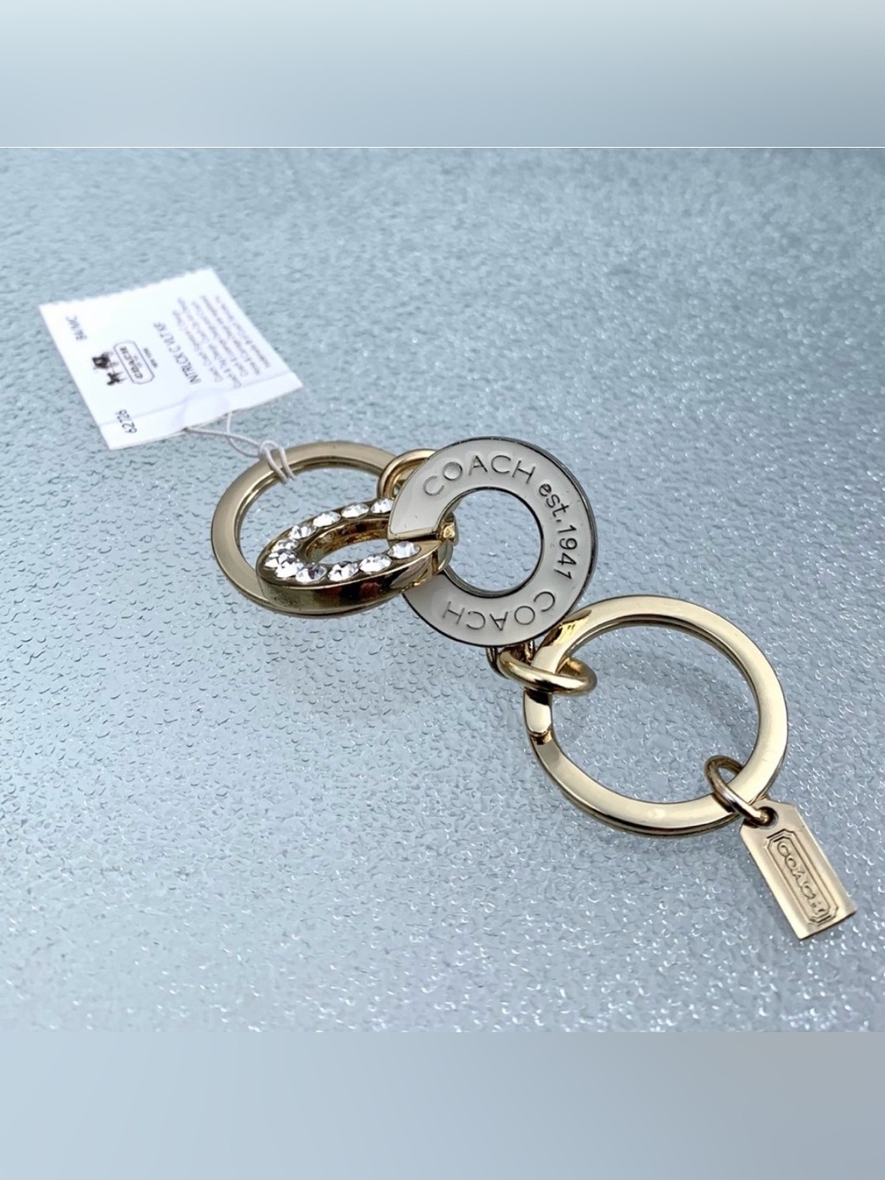 Coach Interlocking C Crystal Rhinestones Bling White and Gold Tone Valet Key Fob